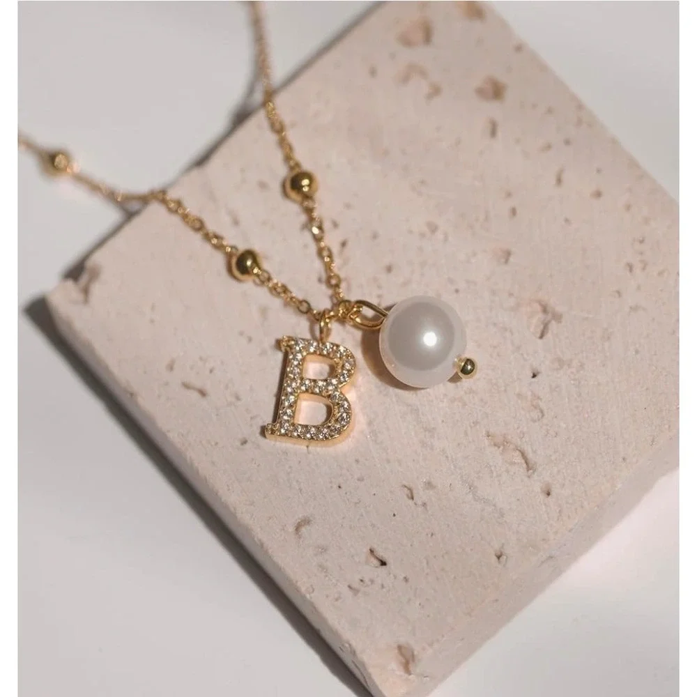 AUOVKOCA Gold Initial B Necklace Pearl Pendant Stainless Steel Satellite Chain